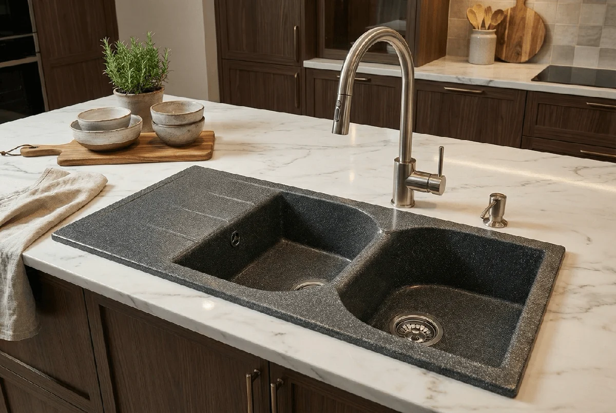 Évier granité gris Soltana 116 cm double bacs sans vidage (avec piqûre apparente dessus) — Réf. DST051