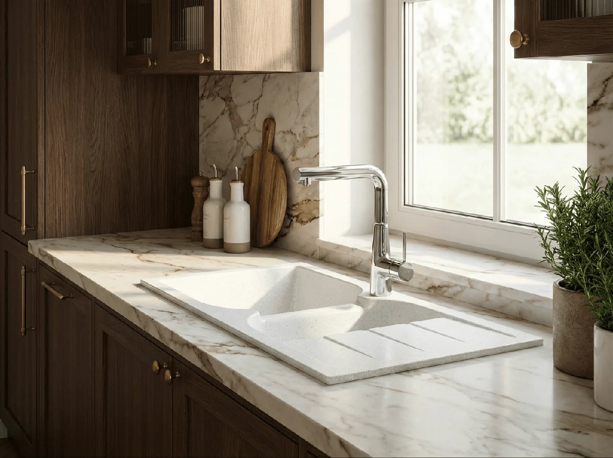 Évier granité blanc Soltana 116 cm double bacs sans vidage — Réf. DST050