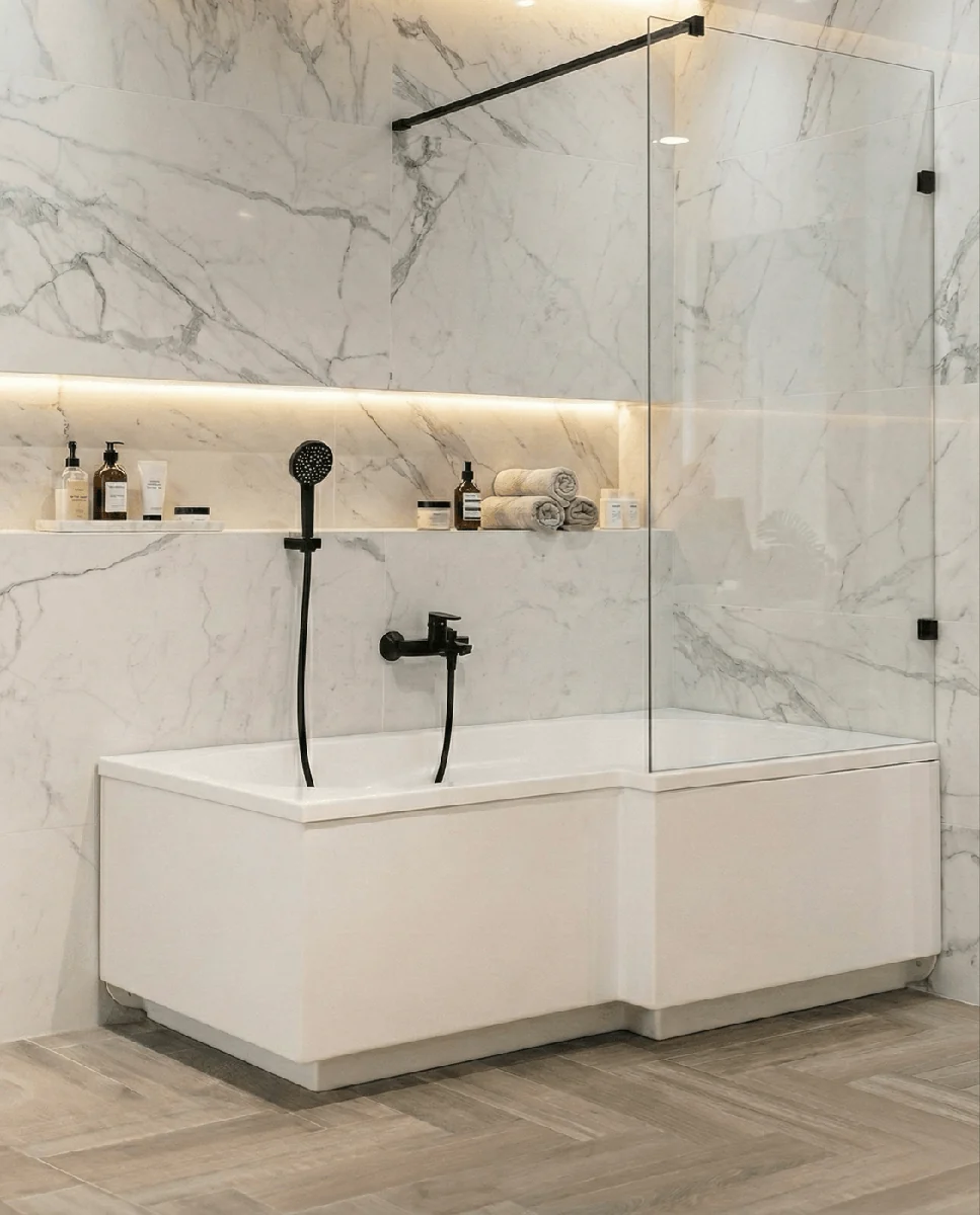 Paroi de baignoire Innovativ en verre trempé (Securit) d'épaisseur 8 mm avec pinces et barre raidisseur noires — Réf. DST062
