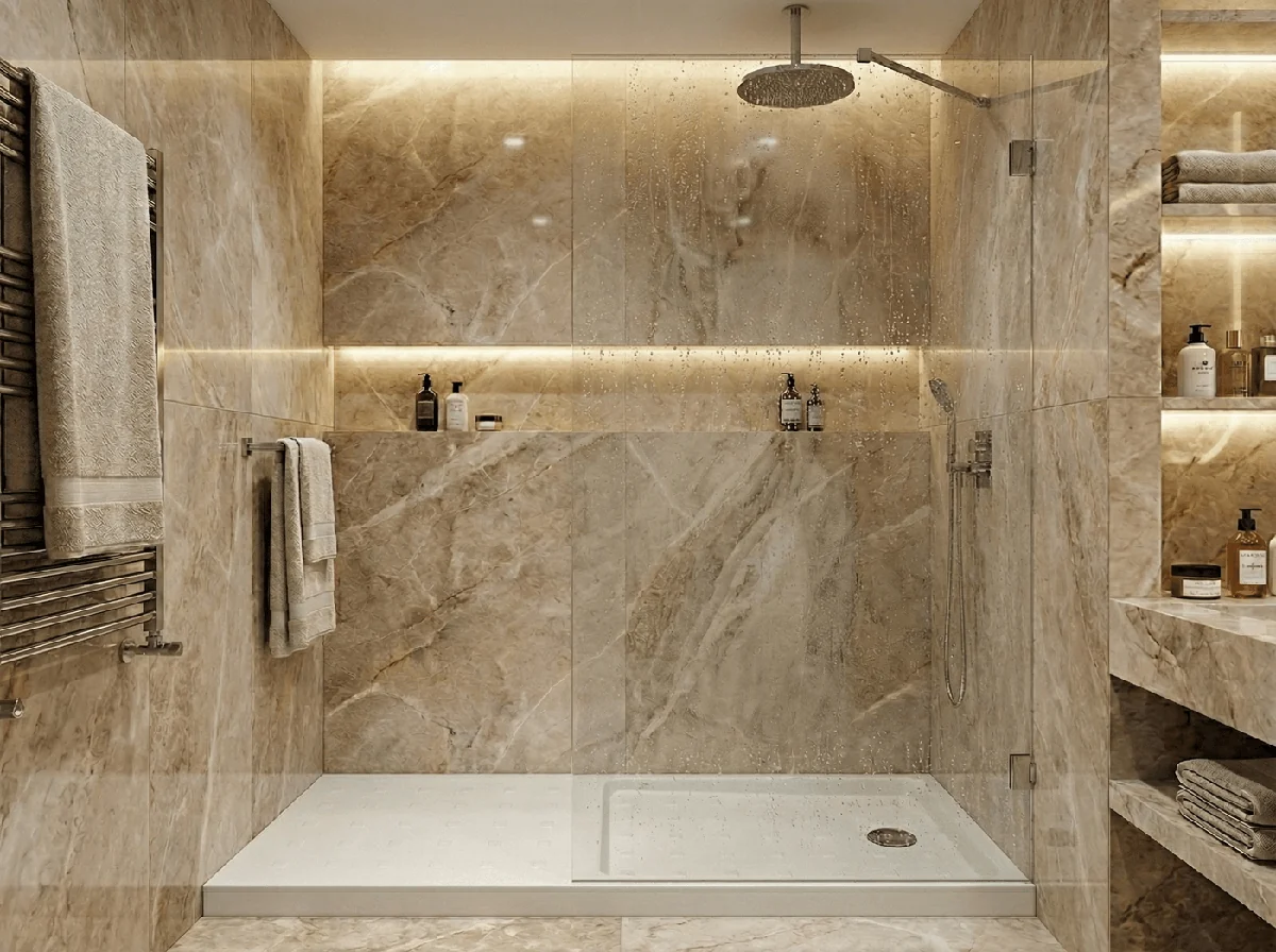 Paroi de douche Innovativ en verre trempé (Securit) d'épaisseur 8 mm avec pinces en acier inoxydable chromé — Réf. DST064