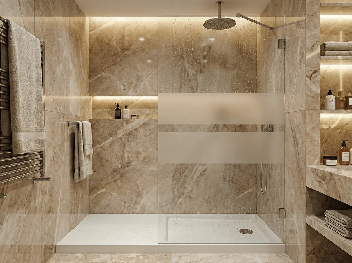 Paroi de douche Innovativ en verre trempé (Securit) d'épaisseur 8 mm avec pinces en acier inoxydable chromé — Réf. DST067
