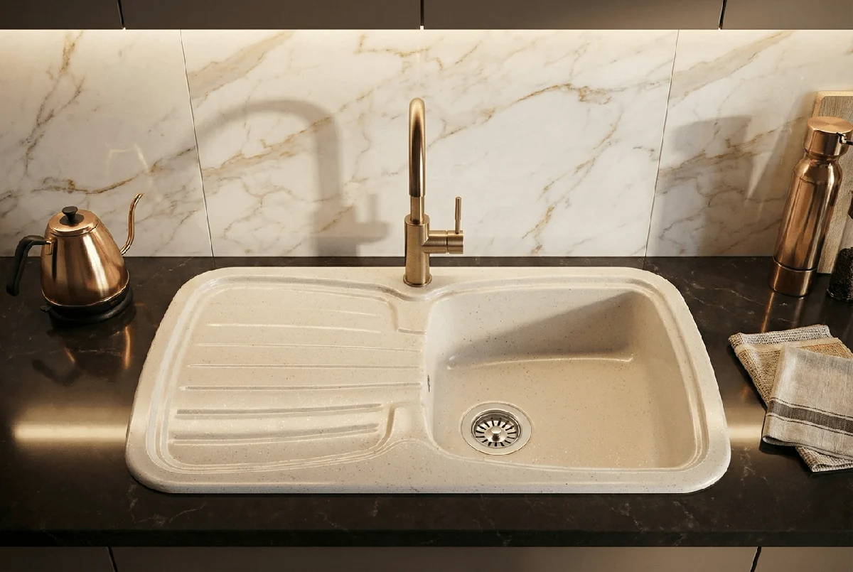 Évier granité beige Marmara 88 cm un bac sans vidage — Réf. DST038