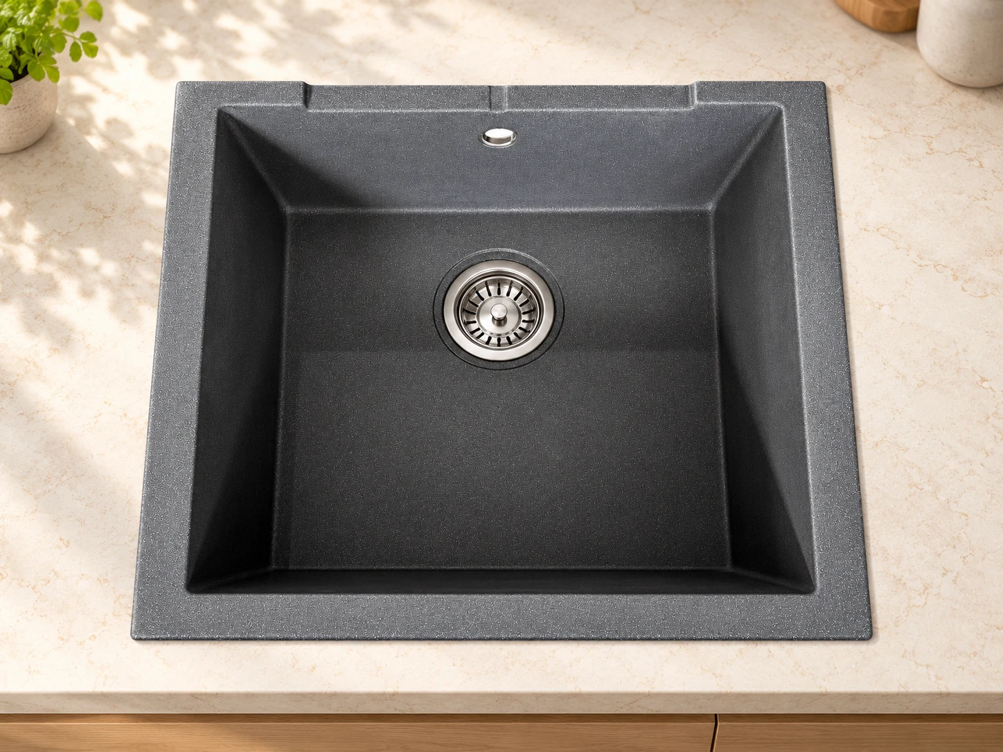 Évier de cuisine encastrable simple bac granit Deante Andante 49 x 43 cm en Anthracite métallisé avec vidage — Réf. DEA001