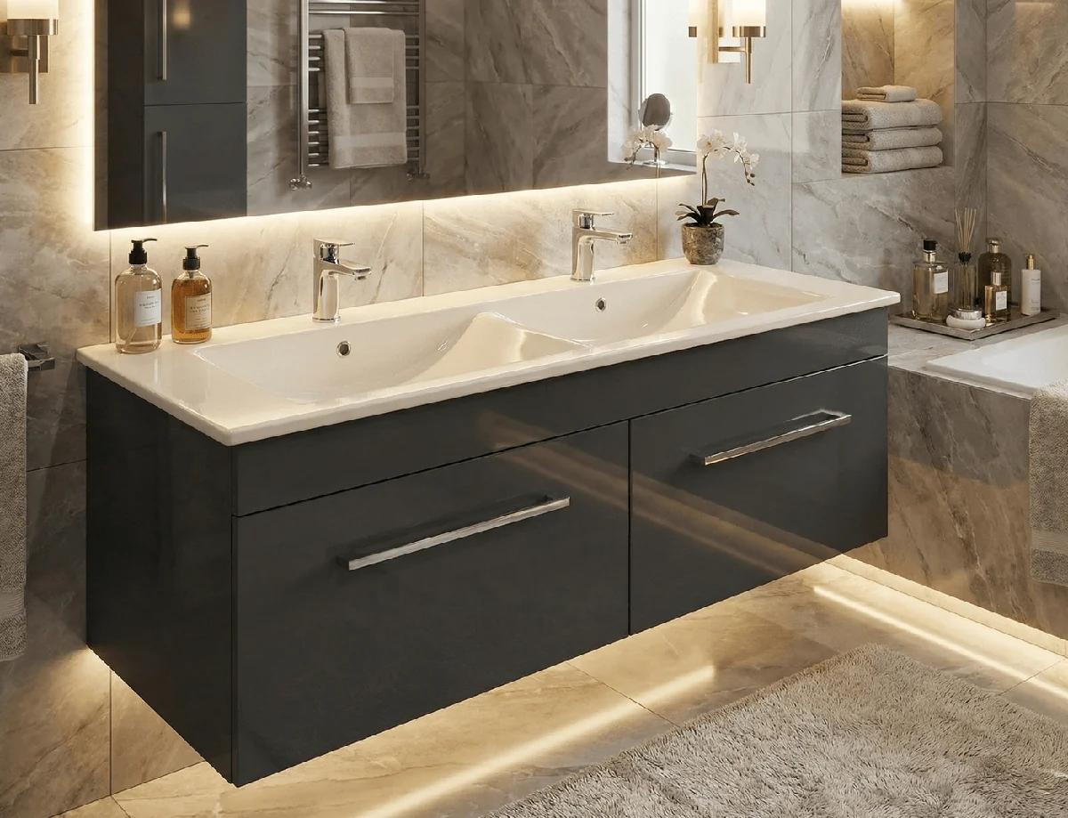 Plan-vasque Duo 120 cm avec meuble (sans mitigeur de lavabo) — Réf. DST143