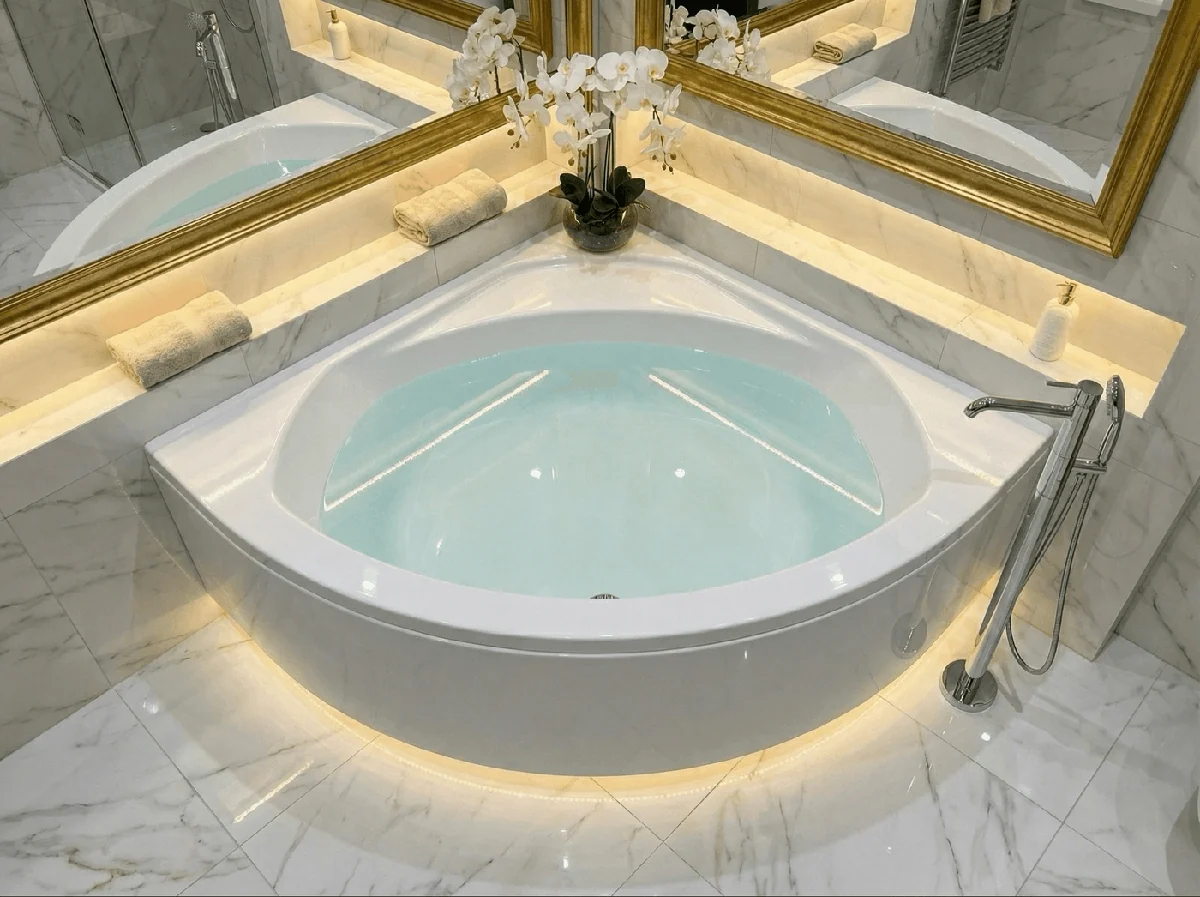 Baignoire d'angle Pop 140 x 140 cm avec tablier, support et pieds — Réf. DST021