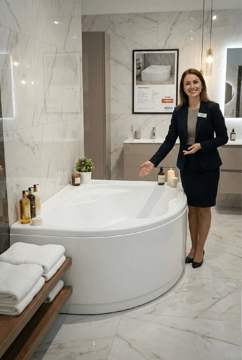 Baignoire d'angle Lis 140 x 140 cm avec tablier, support et pieds — Réf. DST019