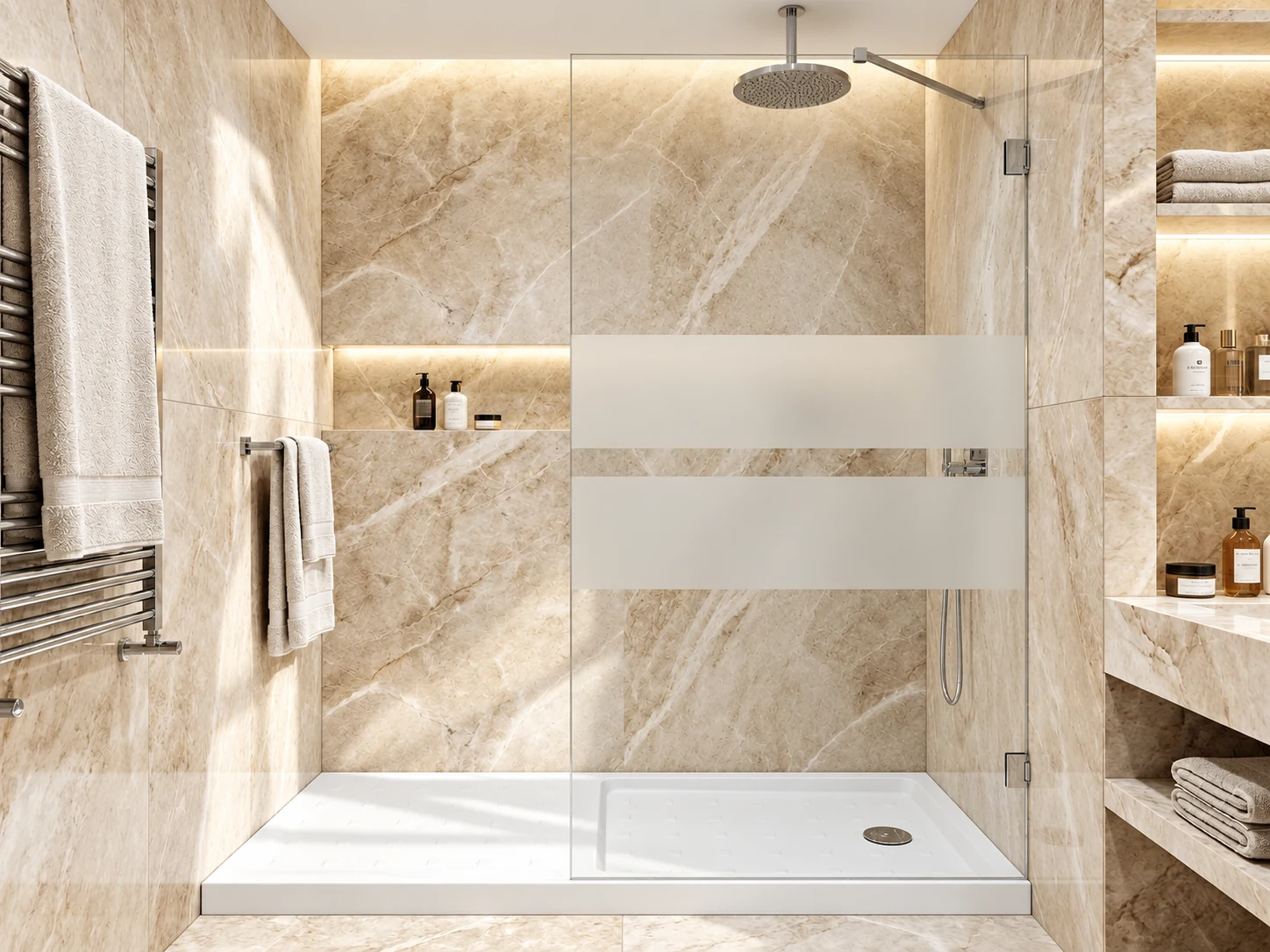 Paroi de douche Innovativ en verre trempé (Securit) d'épaisseur 8 mm avec pinces en acier inoxydable chromé — 120 × 200 cm · deux bandes sablées — Réf. DST067