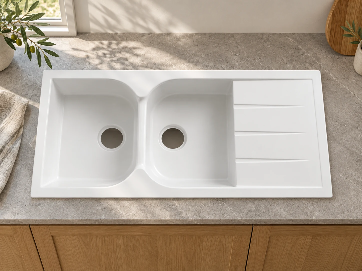 Évier blanc Soltana 116 cm double bacs sans vidage — Réf. DST049