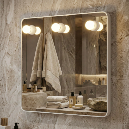 Miroir Dakota carré 55 x 55 cm avec éclairage et cadre blanc — Réf. GED033